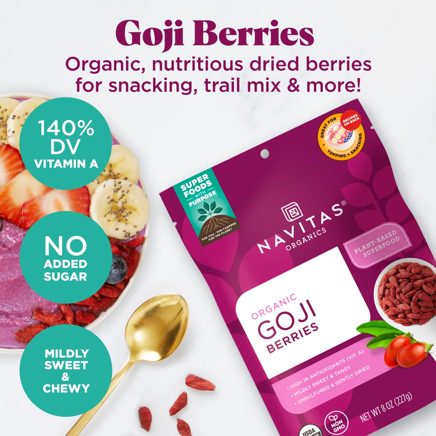 Navitas Organics Goji Berries – For Smoothies, Trail Mix, Baked Goods, Oatmeal & More – Vitamin A, Antioxidants, Fiber – Wolfberry - USDA Organic, Non GMO, Gluten Free, Vegan (8oz. Bag, 8 Servings)