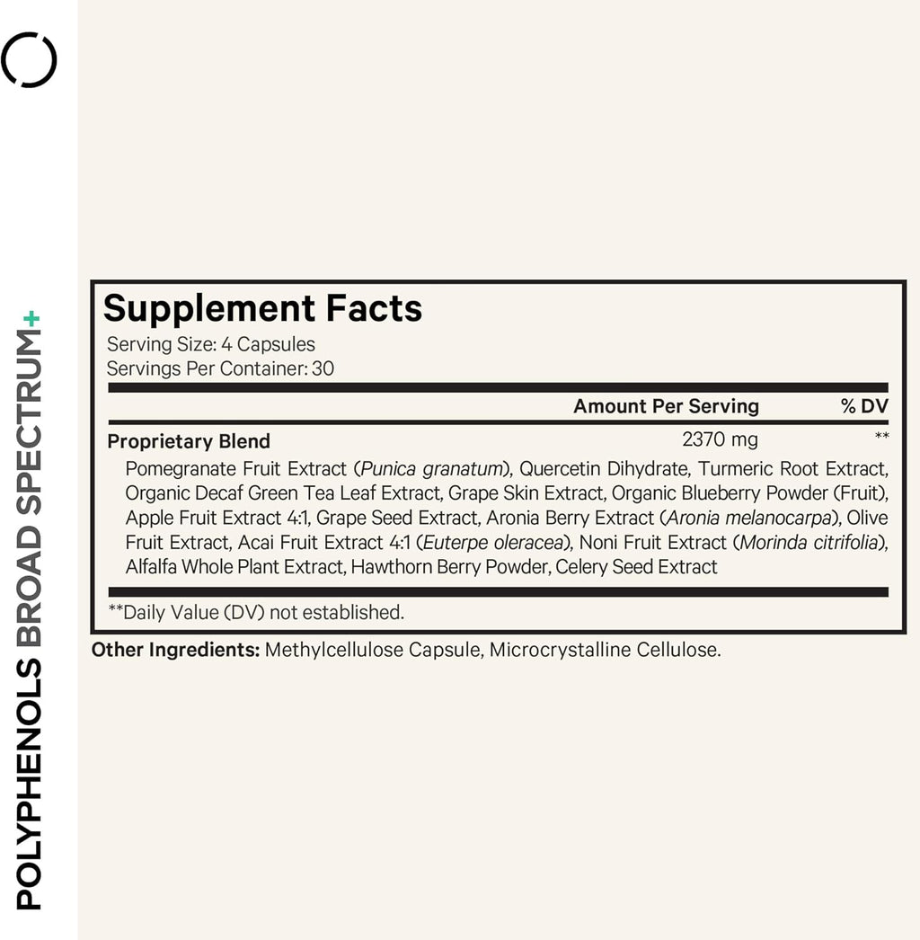 Codeage Polyphenols Broad Spectrum Supplement - Blend of 15 Berries, Fruits, and Botanical Extracts, Decaf Green Tea Leaf, Quercetin, Resveratrol, Pomegranate, Turmeric - Non-GMO - 120 Capsules