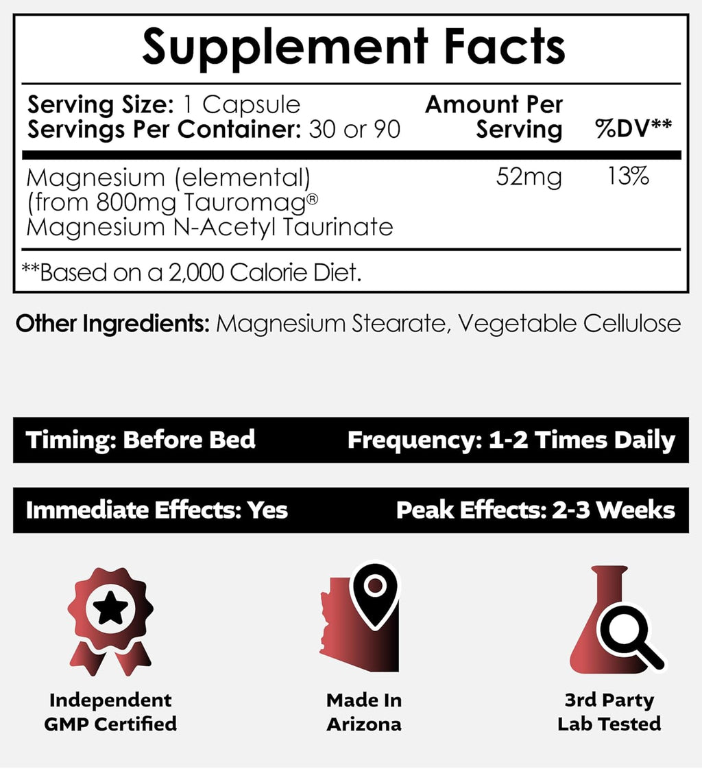 Nootropics Depot Tauromag Capsules | 800mg Magnesium N-Acetyl Taurinate | 90 Count