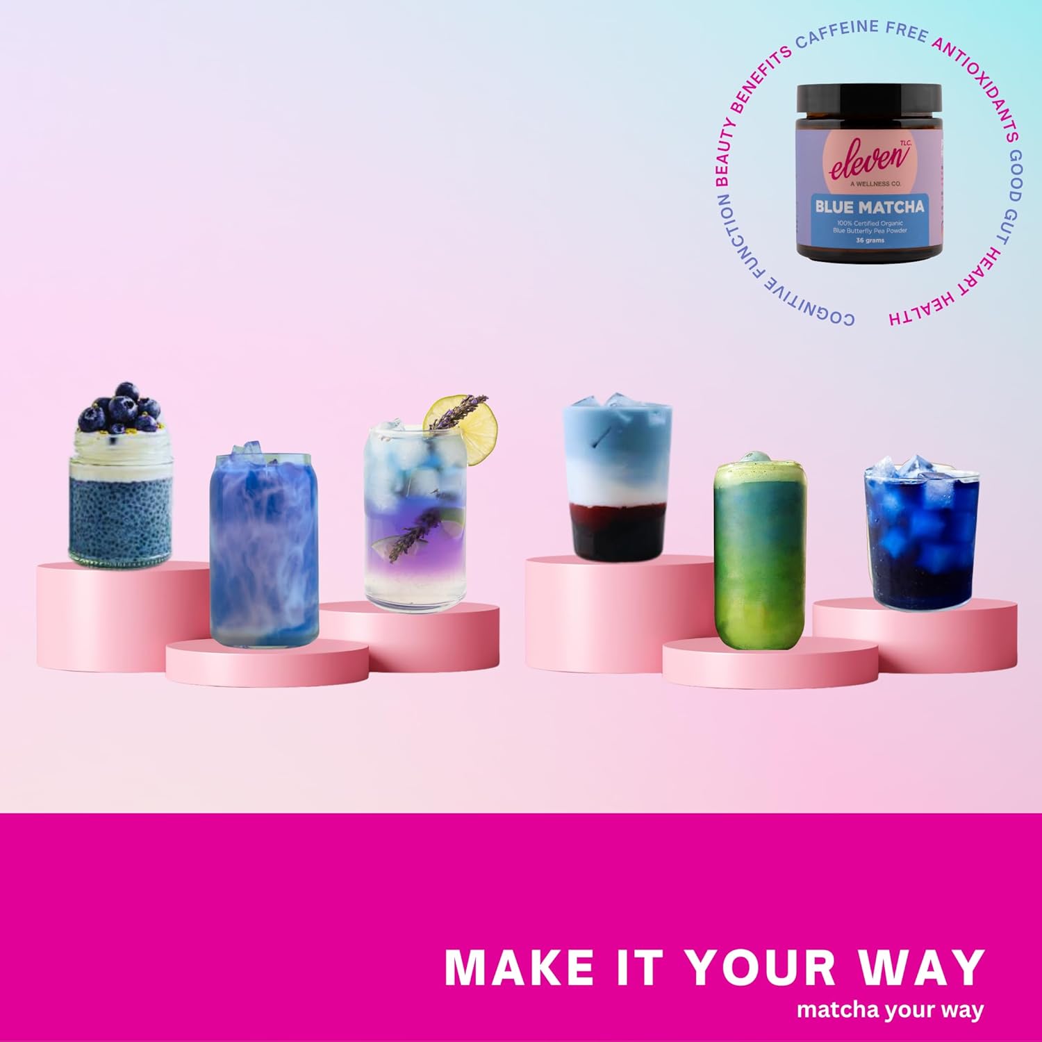 Eleven TLC, Blue Matcha Powder, Butterfly Pea Flower Powder, Matcha Blue Tea, Blue Matcha Latte, Caffeine Free Matcha, Glass Jar, 18 Servings