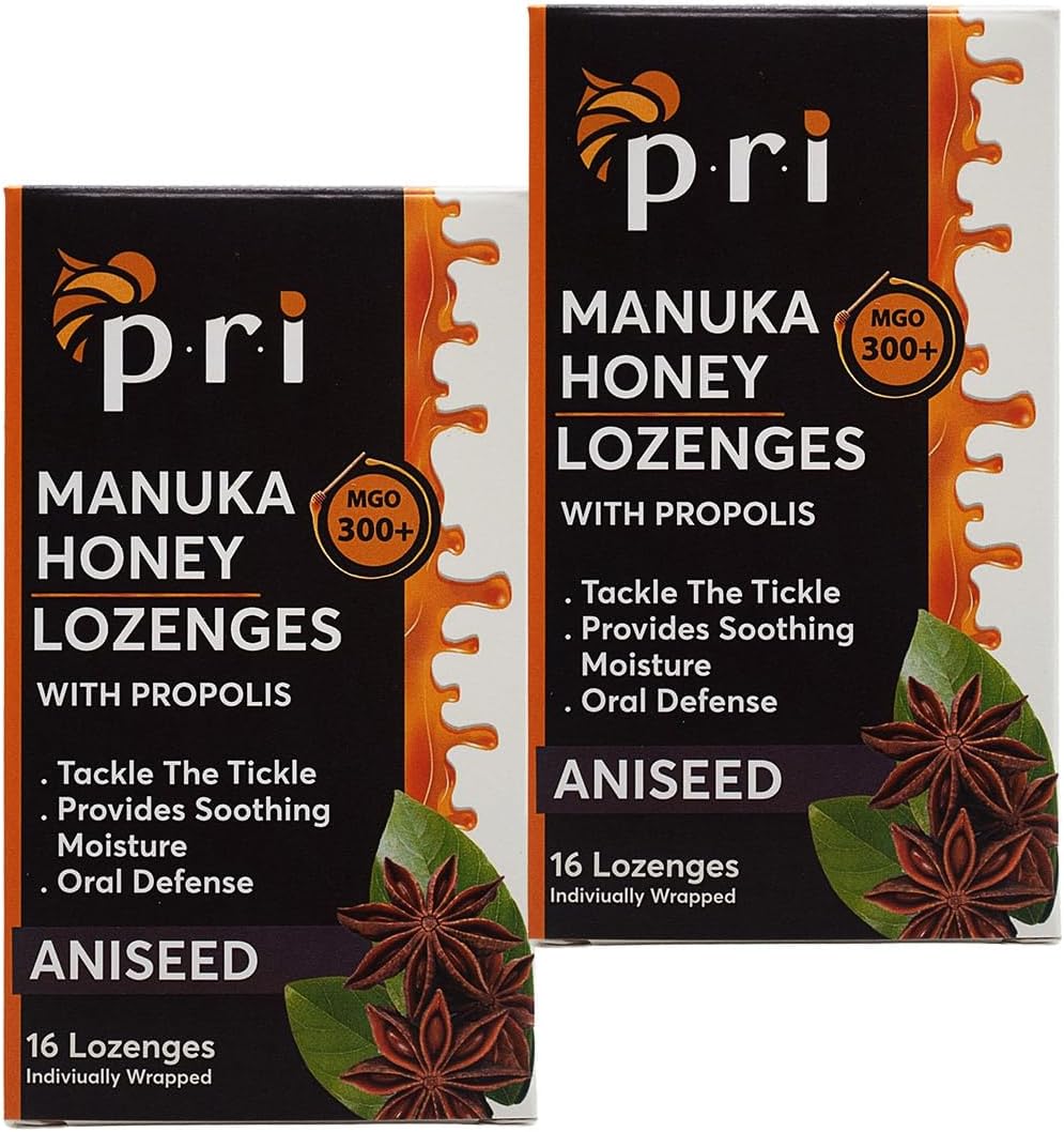 P.R.I Manuka Honey Lozenges with Propolis, Soothing Cough and Throat Drops, MGO 300+ Certified, (Original Aniseed, 16 Count/2 Pack)