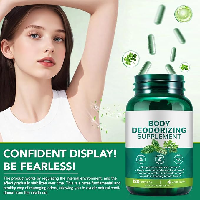 Body Deodorizing Supplement | Natural Internal Odor Control | Chlorophyll Capsules | with Chlorophyllin, Parsley and Peppermint | for Skin, Breath and Body Health | 4 Month Supply - 120 Caps
