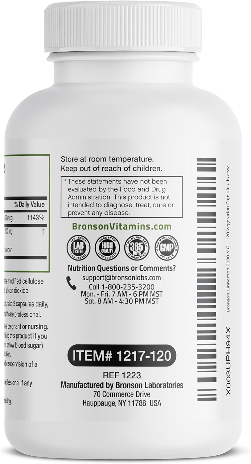 Bronson Cinnamon Plus Chromium Picolinate Supplement, High Potency Chromium, Non-GMO, 120 Vegetarian Capsules