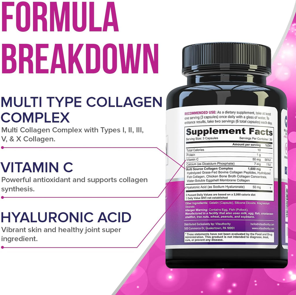 Multi Collagen Peptides Capsules for Women - Hydrolyzed Collagen for Women Pills with Types I II III V & X Plus Vitamin C & Hyaluronic Acid for Beautiful Hair Skin and Nails - 30 Servings