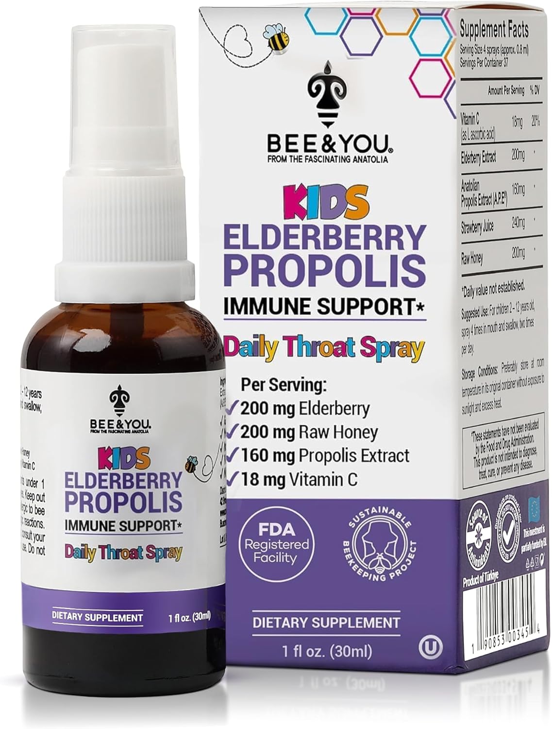 Bee and You, Kids Immune Support Supplement Throat Spray, Elderberry, Raw Honey, Propolis Extract, Vitamin C, Strawberry Juice, Antioxidants, Sore Throat Relief, 1 fl. Oz