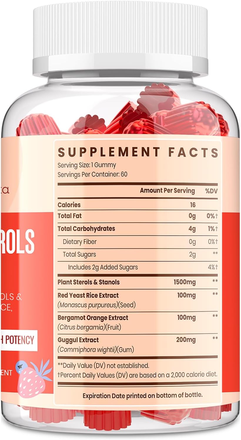 Cholesterol Supplement with Plant Sterols & Stanols, Guggul, Bergamot Orange Extract, Red Yeast Rice, Plant Sterols Complex Gummies, Mixed Berry Flavor, 60 Counts