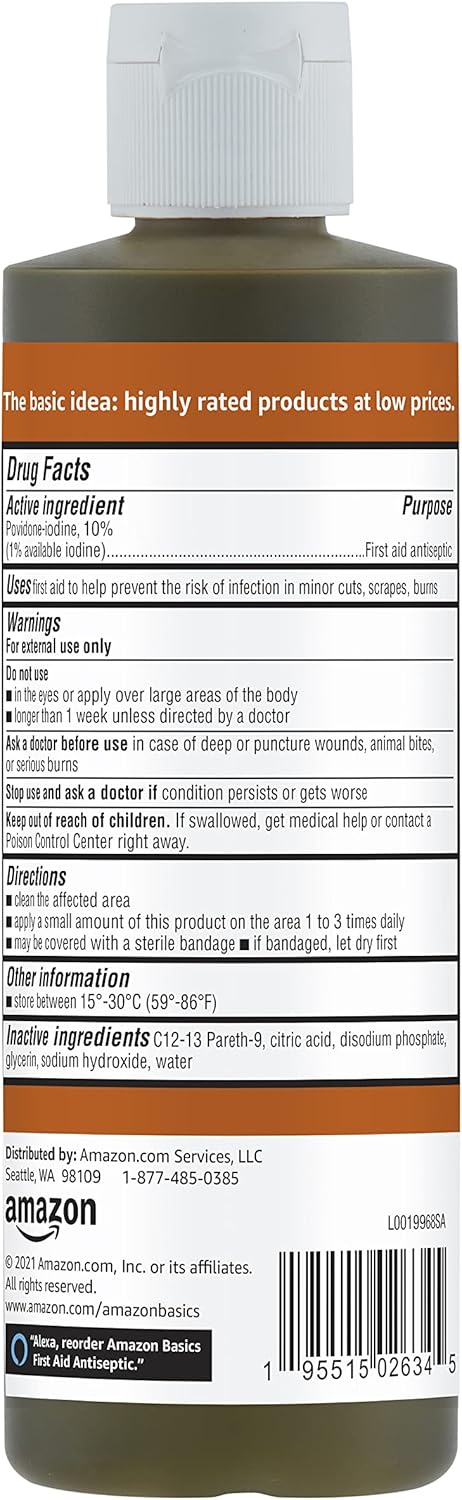 Amazon Basics First Aid Antiseptic, 10% Povidone Iodine Solution, 8 Fl Oz, Pack of 4