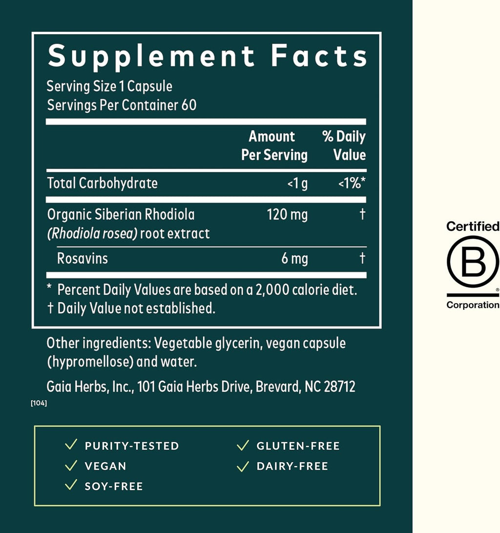 Gaia Herbs Rhodiola Rosea - Stress Support Supplement Traditionally for Supporting Healthy Stamina & Endurance - with Siberian Rhodiola Root Extract* - 60 Vegan Liquid Phyto-Capsules (30-Day Supply)