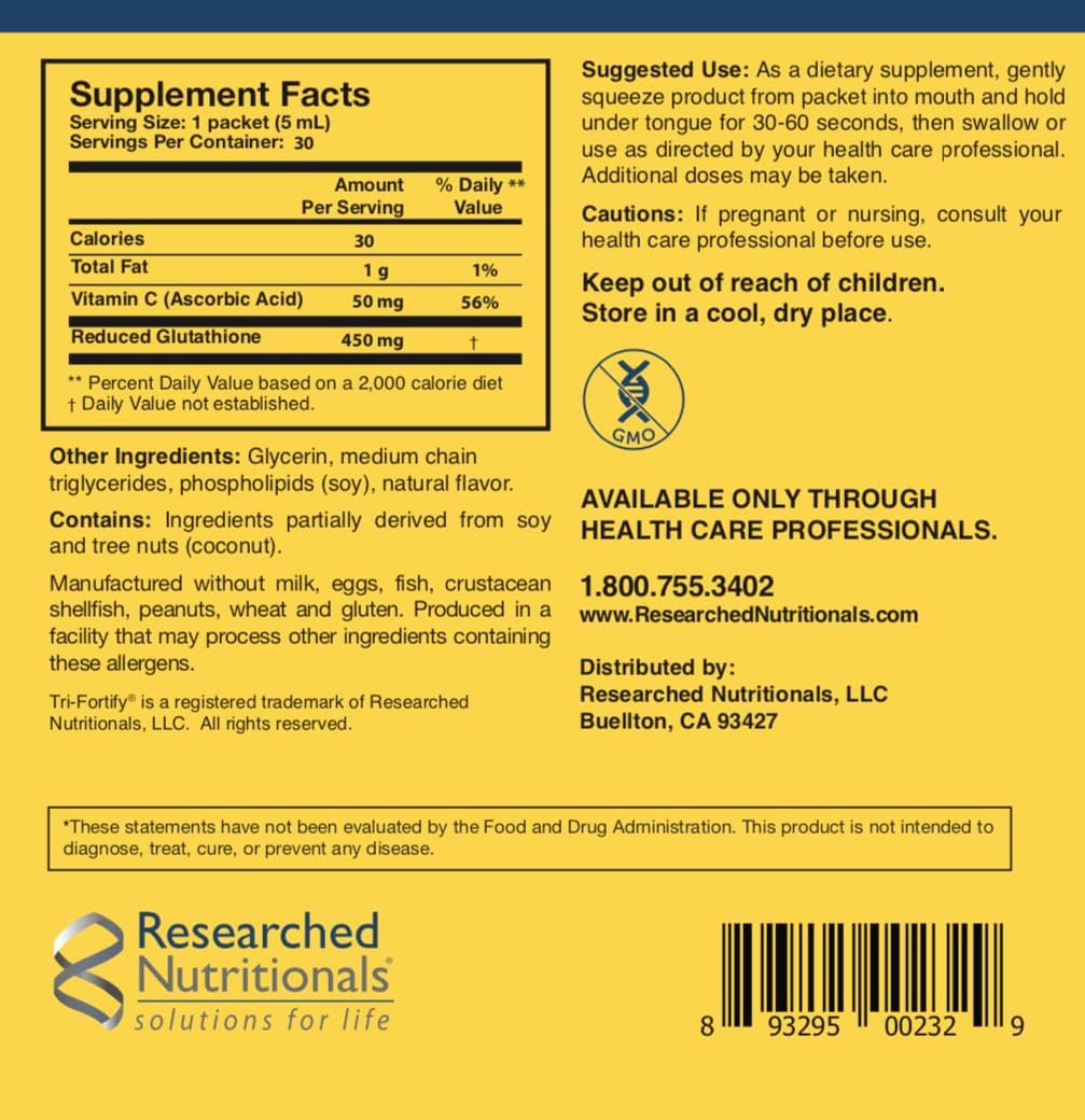 Researched Nutritionals Liposomal Glutathione (450mg) Liquid Gel + Vitamin C - Tri-Fortify - Aid Natural Energy, Immune Support & Detox - Clinically Researched for Absorption - Orange (5 Fl Oz)