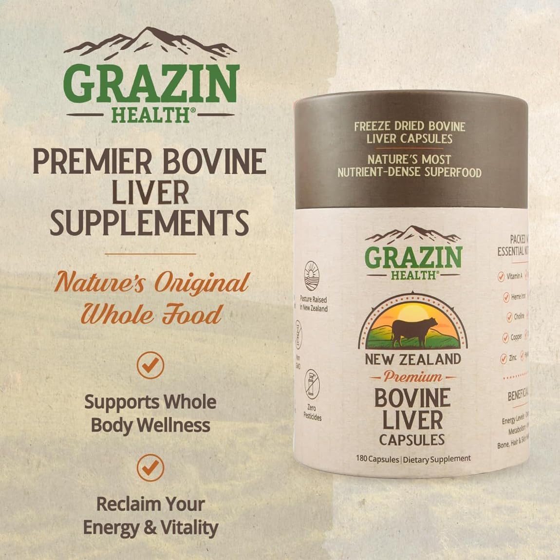 Grass Fed Beef Liver from New Zealand - Freeze Dried 3000mg per Serving (500mg per Capsule) (30 Servings)