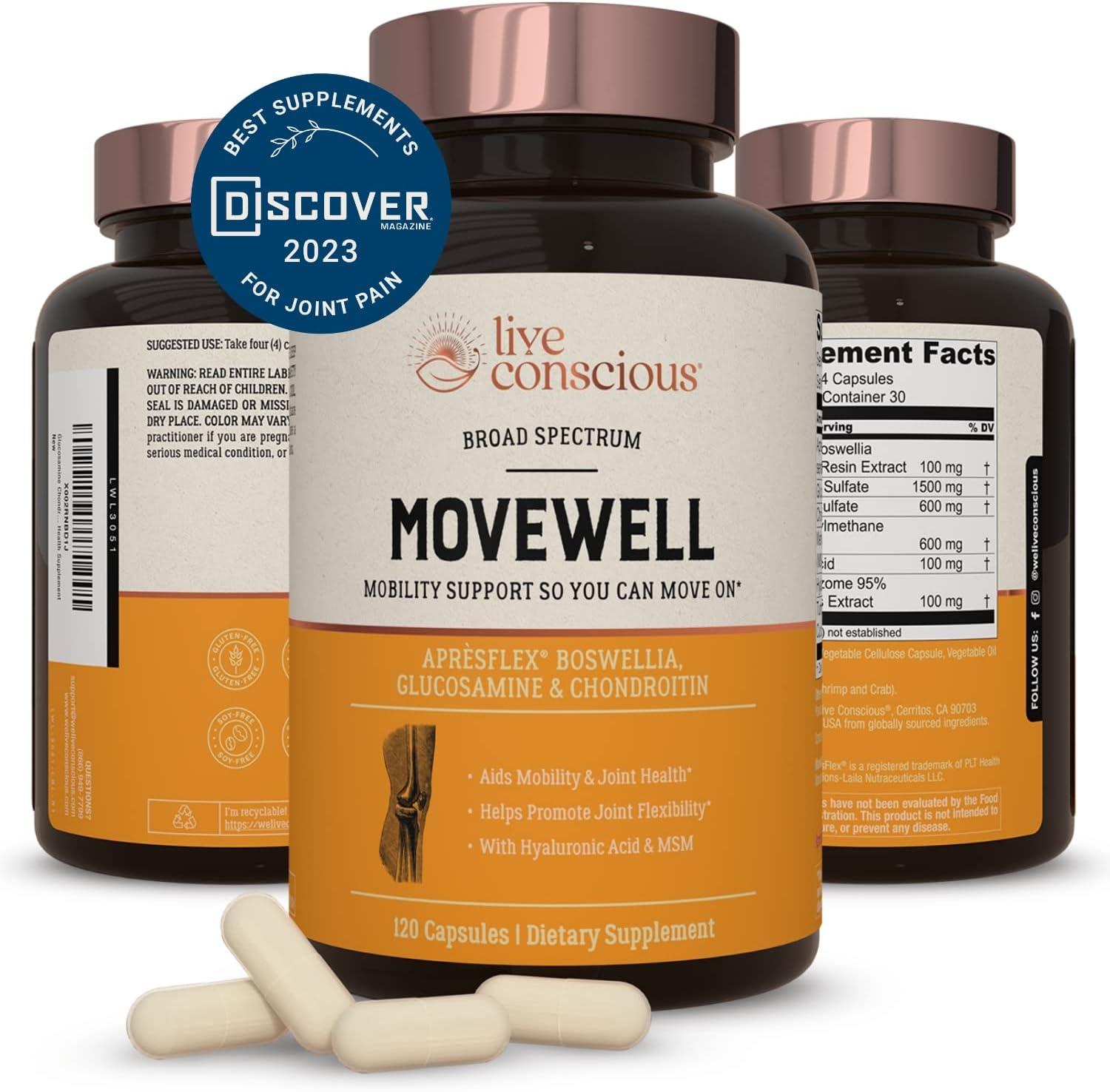 Live Conscious Glucosamine Chondroitin with MSM, Hyaluronic Acid, and More - MoveWell Joint Health Supplement