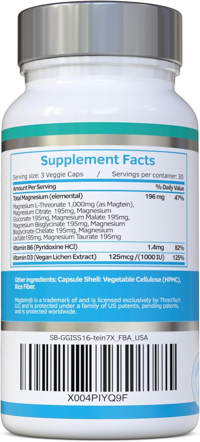 Magnesium L-Threonate Complex 7-in-1 with 1000mg of Magtein Plus Magnesium as Bisglycinate, Taurate, Citrate, Gluconate, Malate & Lactate - Supports Sleep - Vegan, US Made and No Artificial Nasties