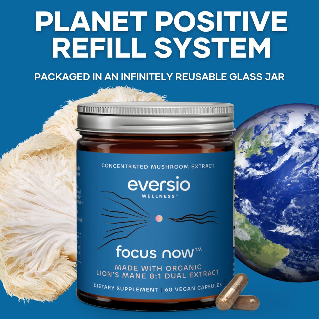 Eversio Wellness Organic Lion’s Mane Mushroom Supplement Focus Now - 8:1 Dual Extract, 500mg, 60 Vegan Capsules, >35% Beta-D-Glucans, Memory & Focus Support
