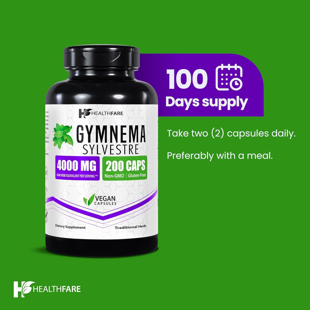 Healthfare Gymnema Sylvestre Supplement Extract 4000mg | 200 Vegan Capsules | Standardized Herbal Supplement for Metabolic Balance & Carbohydrate Support | Non-GMO, Gluten-Free | Made in USA