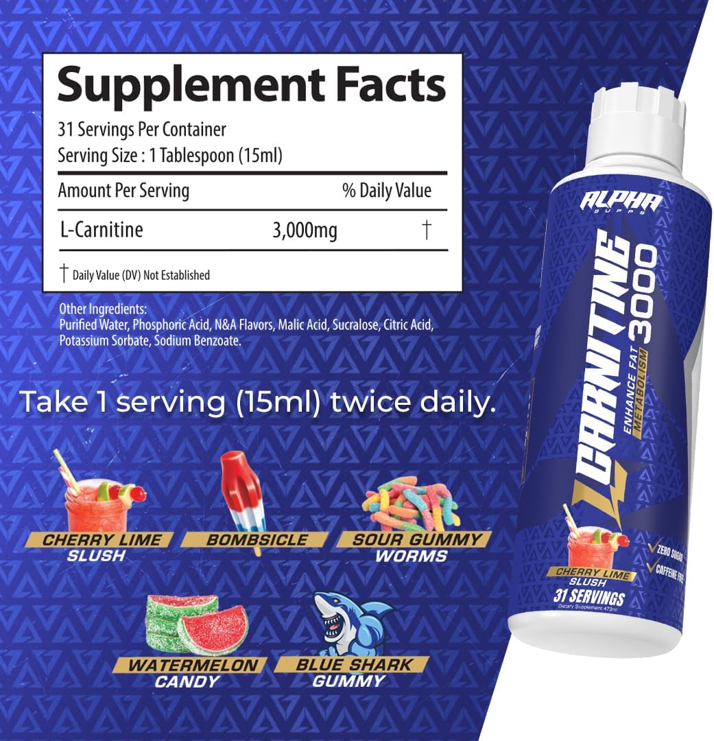 L Carnitine Liquid 3000 | Stimulant-Free L-Carnitine Supplement for Men & Women | Pre-Workout Energy Boost & Muscle Recovery | Zero Sugar, Fat, & Carbs | 31 Servings (Sour Gummy Worms)