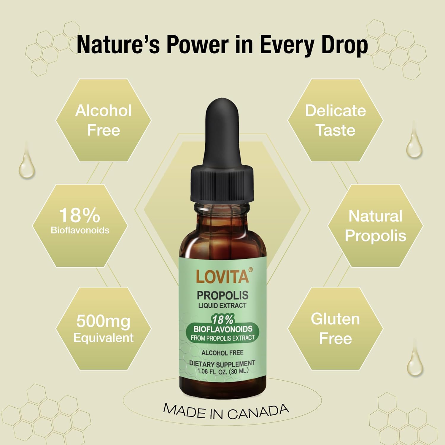 Lovita Bee Propolis 500 mg Liquid Extract | 5:1 Propolis Extract | Alcohol Free | Immune Support | 1 Fl Oz