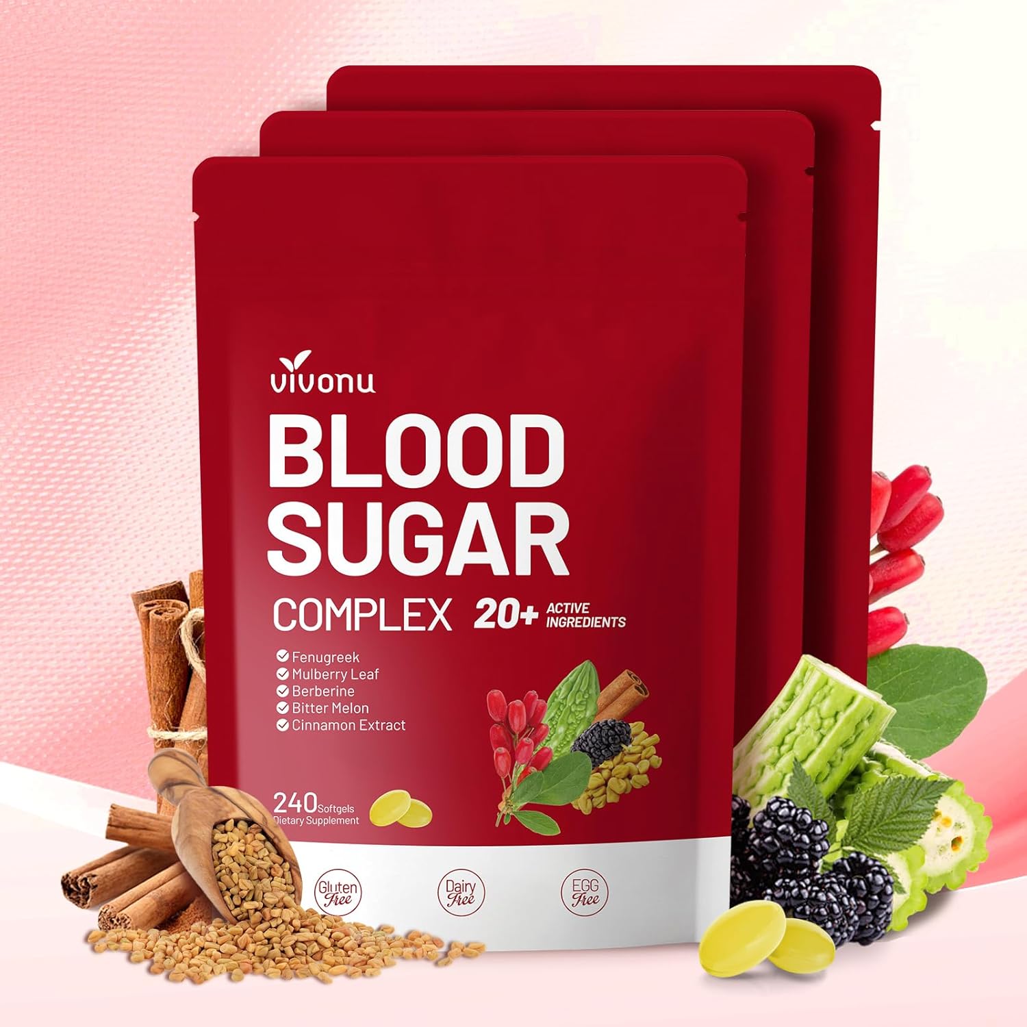 VivoNu Blood Sugar Complex Supplement | Advanced Formula with 20 Herbs and Vitamins with Cinnamon, Turmeric, Black Pepper, Licorice and More, Vegan, Non-GMO, Gluten-Free (720 Softgels-3 Bag)