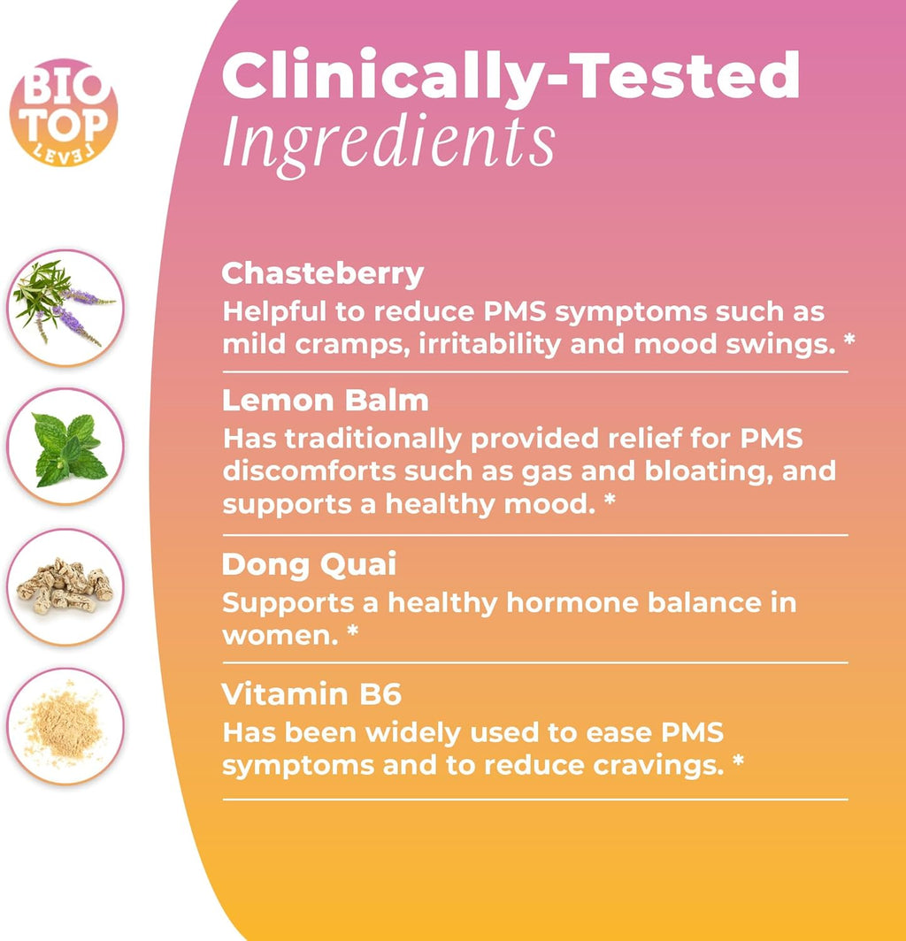 PMS Support Supplement for Women & PMS Relief, Hormone Balance & Menstrual Period Relief for Cramps, Bloating & Mood Swings with Chasteberry, Vitamin B6, Lemon Balm, Dong Quai, 30 Count