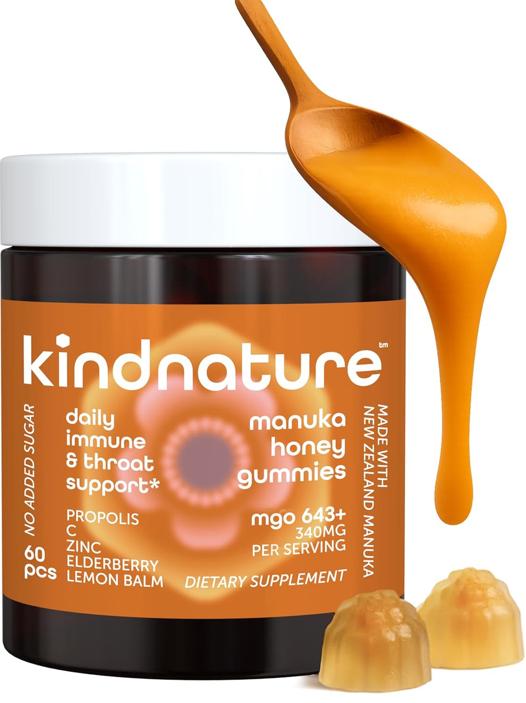 KINDNATURE Manuka Honey Medical Grade Gummies with MGO 643+ | New Zealand Manuka Honey with Zinc, Vitamin C, Elderberry – Immune & Throat Support Supplement | Kids Immune Support