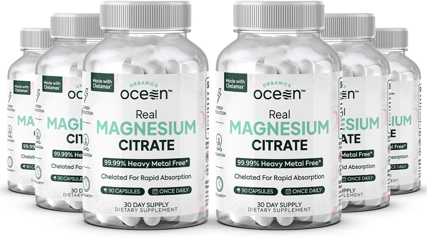 Real Magnesium Citrate - High Absorption Magnesium Supplement - Chelated Magnesium to Support Energy, Relaxation, and Regularity - 6 Pack Bulk Supply