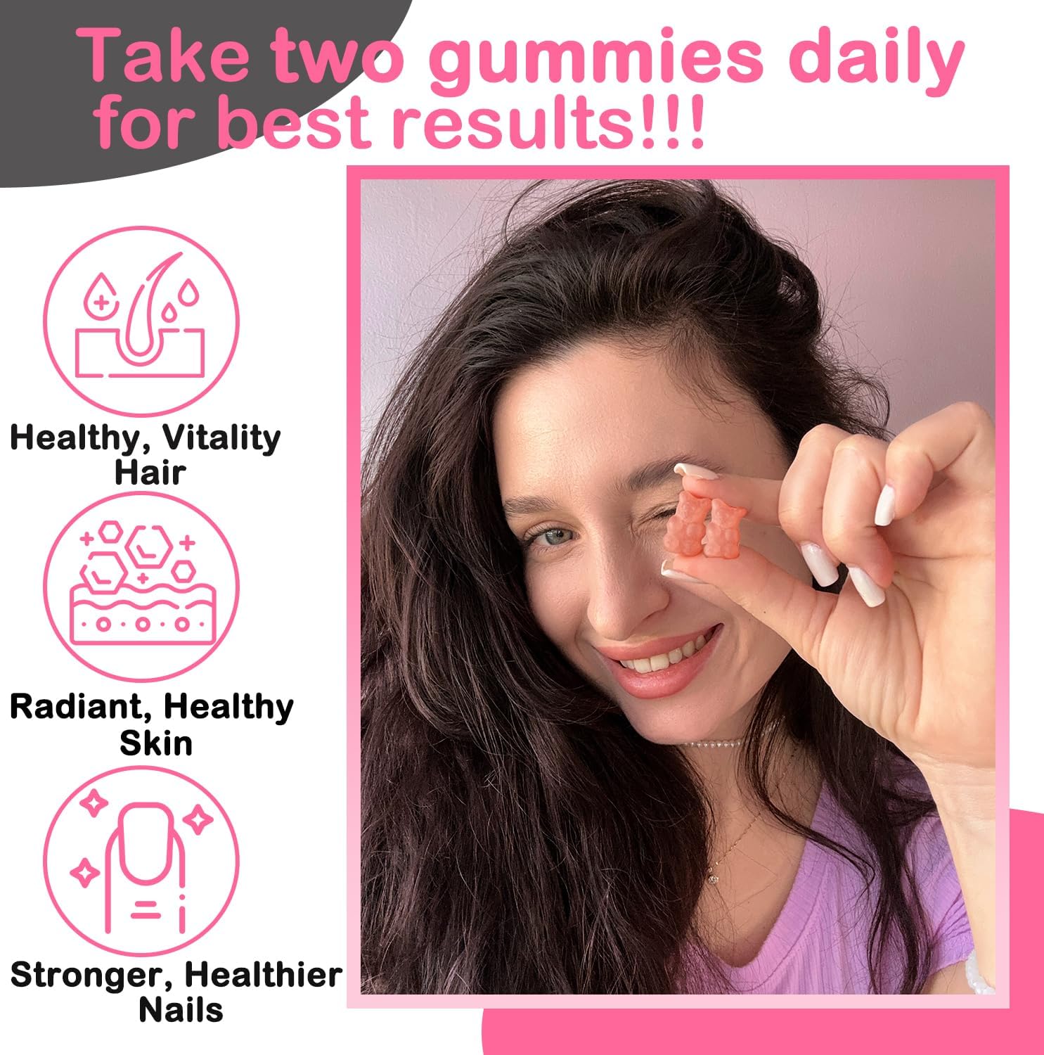 Biotin Gummies 10000mcg Supplements - with Vitamin C, A, D, B-Complex, Folate, Zinc for Women & Girls- Vegan Biotin Hair Growth Gummy for Healthy Hair and Nails, Non-GMO, Strawberry, 120 Bear