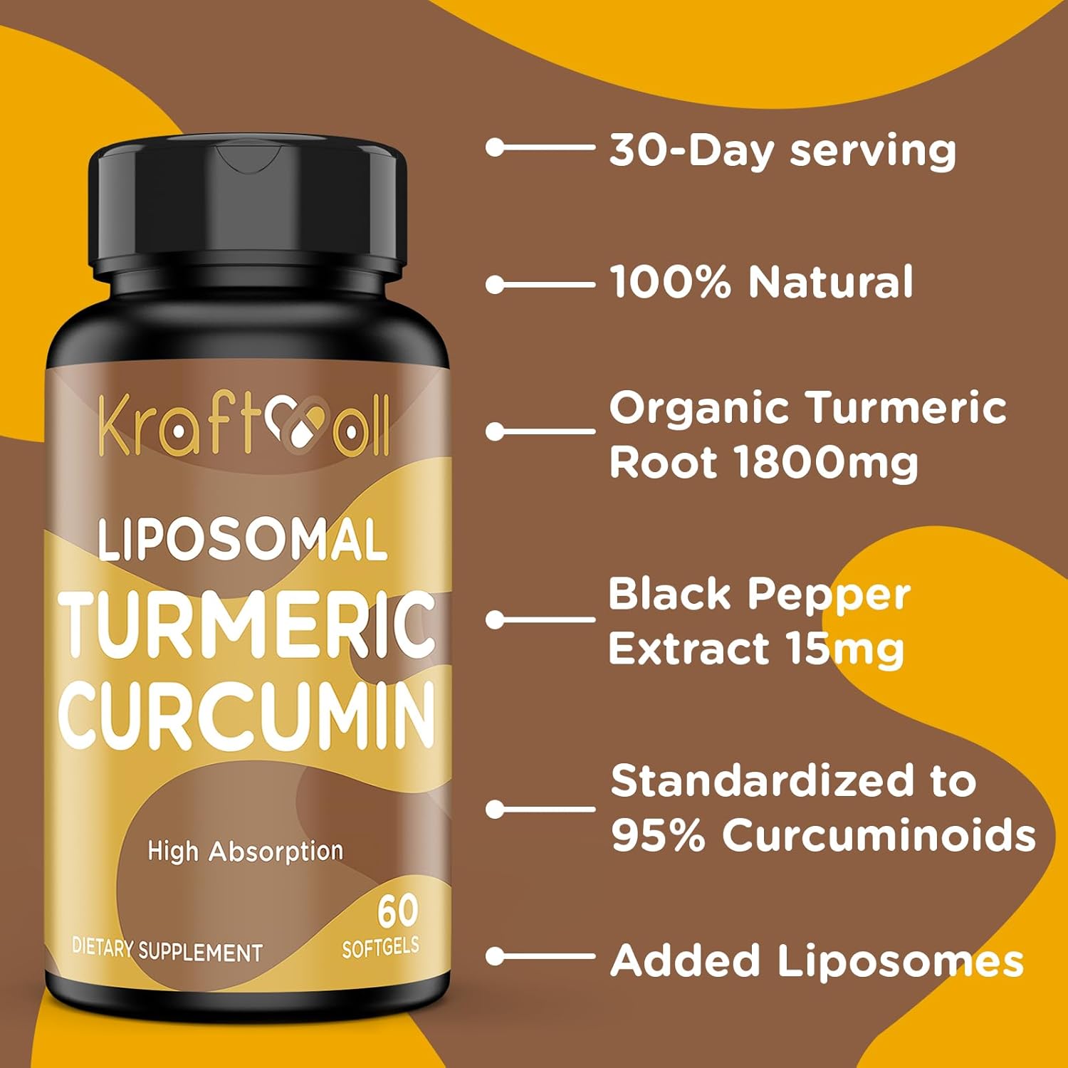 Liposomal Turmeric Curcumin Supplement 2200 mg with Black Pepper Extract 15 mg for High Absorption and Joint Function, 60 Softgels for Adults