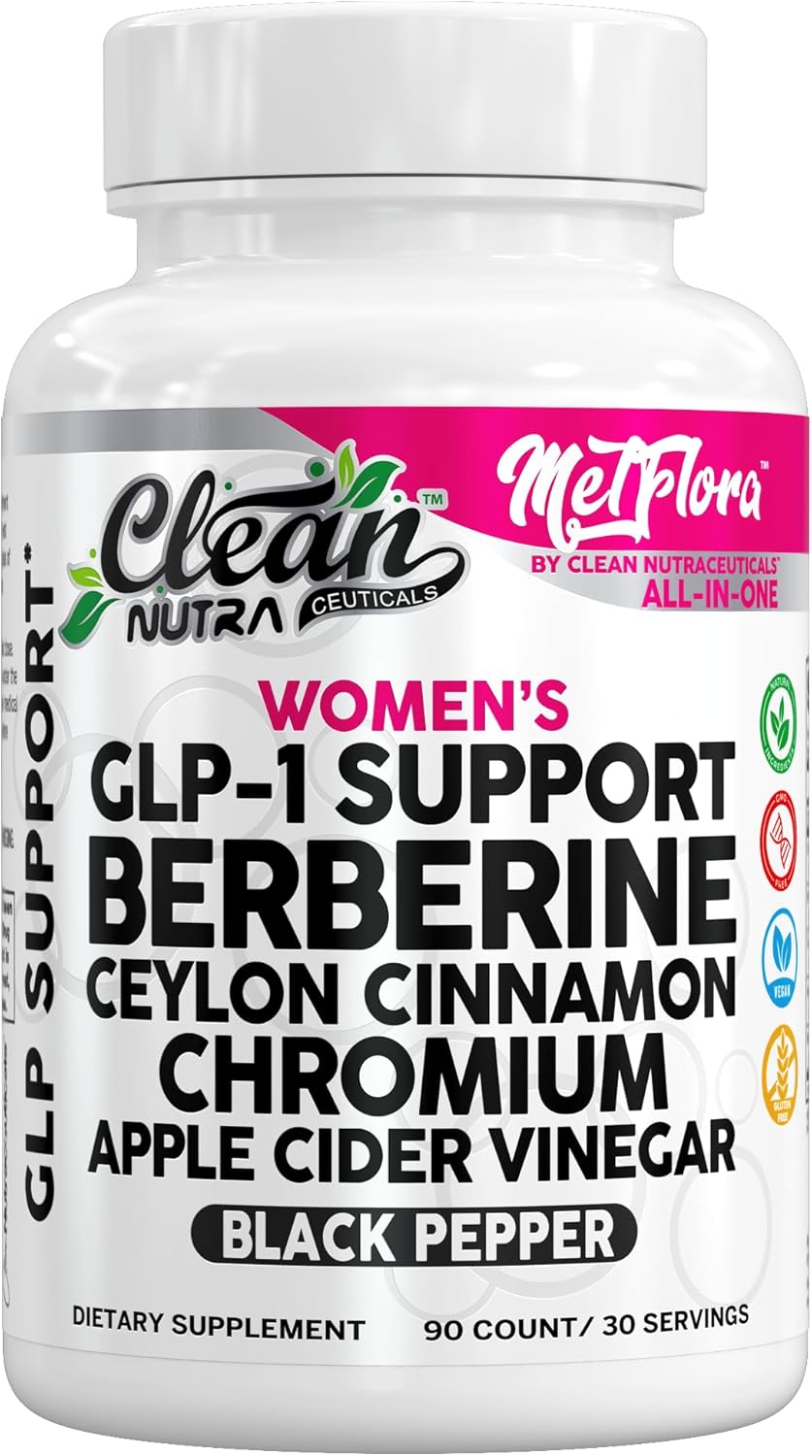 Clean Nutra Women's GLP-1 Support Complex, Berberine with Ceylon Cinnamon, Chromium, Apple Cider Vinegar, 90 Capsules