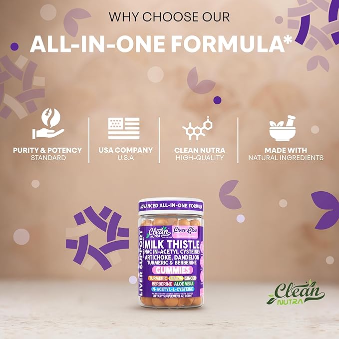 Clean Nutra Milk Thistle NAC Supplement N Acetyl Cysteine Artichoke Dandelion Root Turmeric Berberine Ginger Curcumin Gut Health Metabolism Detox & Cleanse 60 Gummies