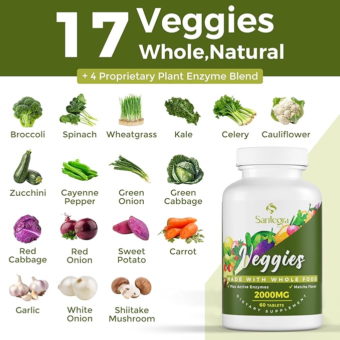 2000 MG Fruit and Veggies Supplement, 35+ Fruits and Vegetables for Daily Variety, 100% Whole Food Superfoods, Natural Vitamins for Women & Men, Sugar-Free, Gluten-Free, Vegan, 240 Tablets