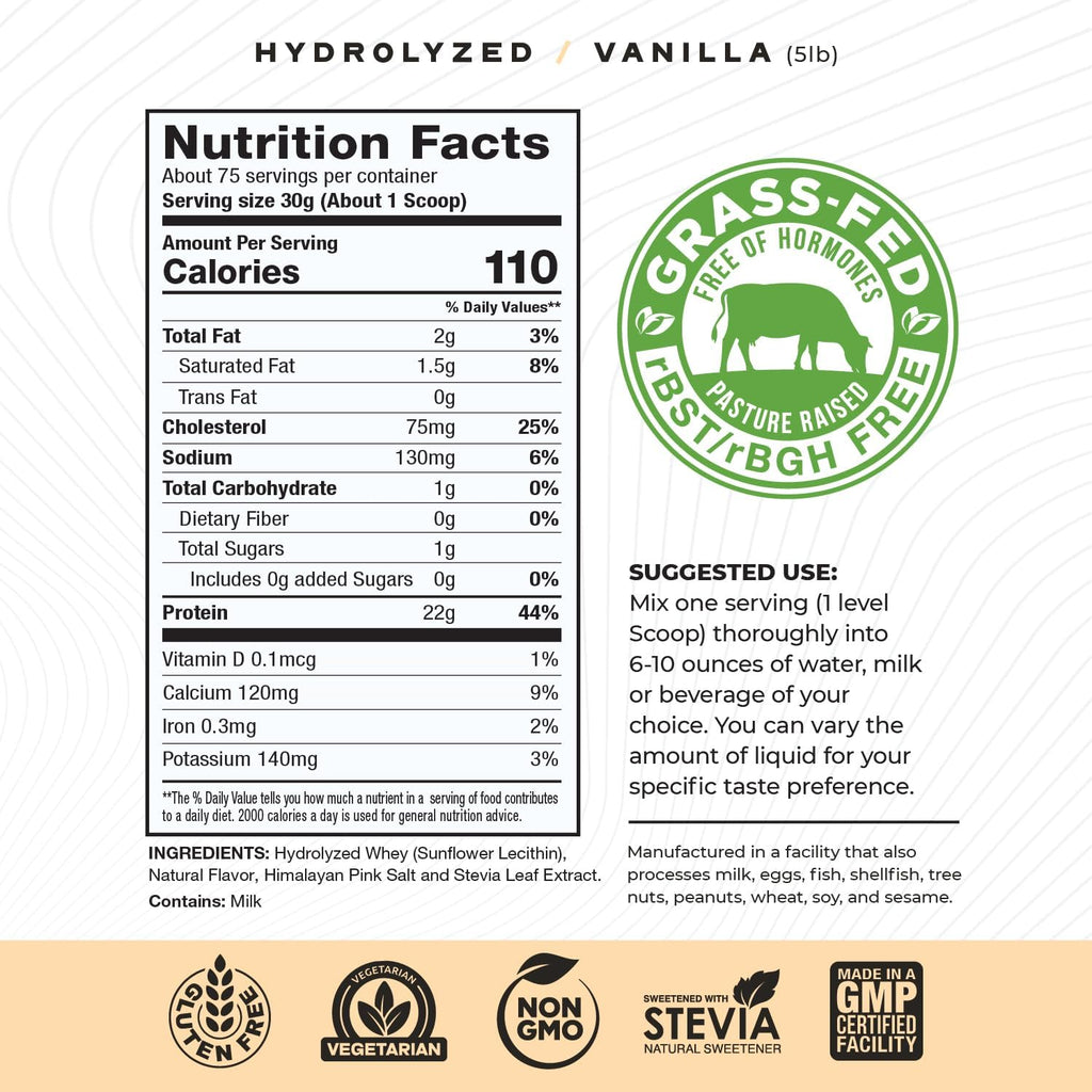 Muscle Feast Hydrolyzed Whey Protein Powder, Grass Fed and All Natural Hormone-Free, Hydro Whey Powder for Men and Women, Gluten Free, Non-GMO, Delicious Hydrolyzed Protein Powder, Vanilla, 5lb