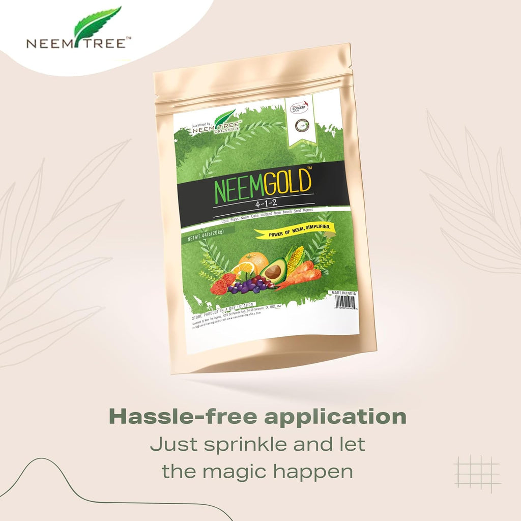 NeemTree Neem Gold (4-1-2) 4 Pounds Organic - Neem Seed Meal Fertilizer- Seed Meal for Indoor and Outdoor Plants, Lawn & Garden Growth - Vegan Neem Seed Meal Fertilizer | OMRI Approved