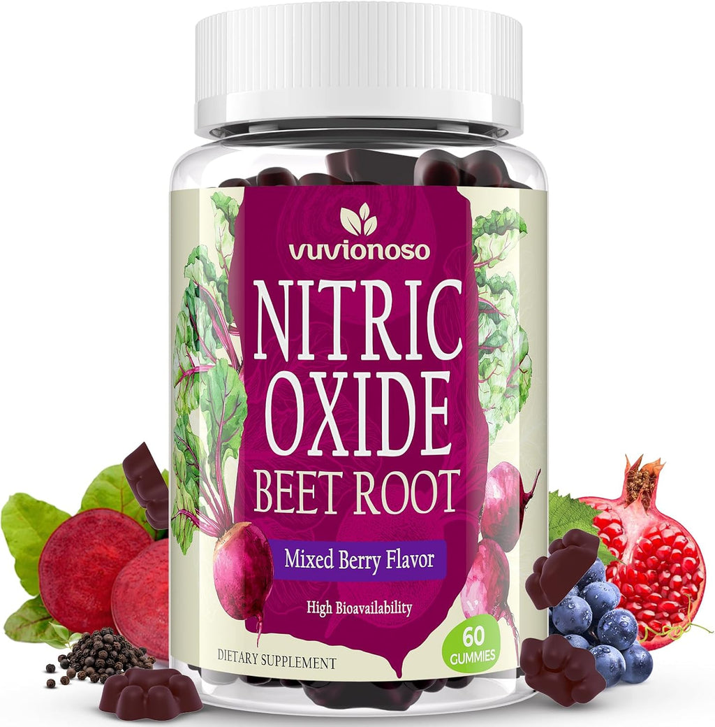 Nitric Oxide Beet Root Gummies – Nitric Oxide Booster with Organic Beet Root, Grapeseed, Pomegranate, Vitamin C & B12 – Sugar-Free Beet Chewables Mixed Berry Flavor – 60 Gummies