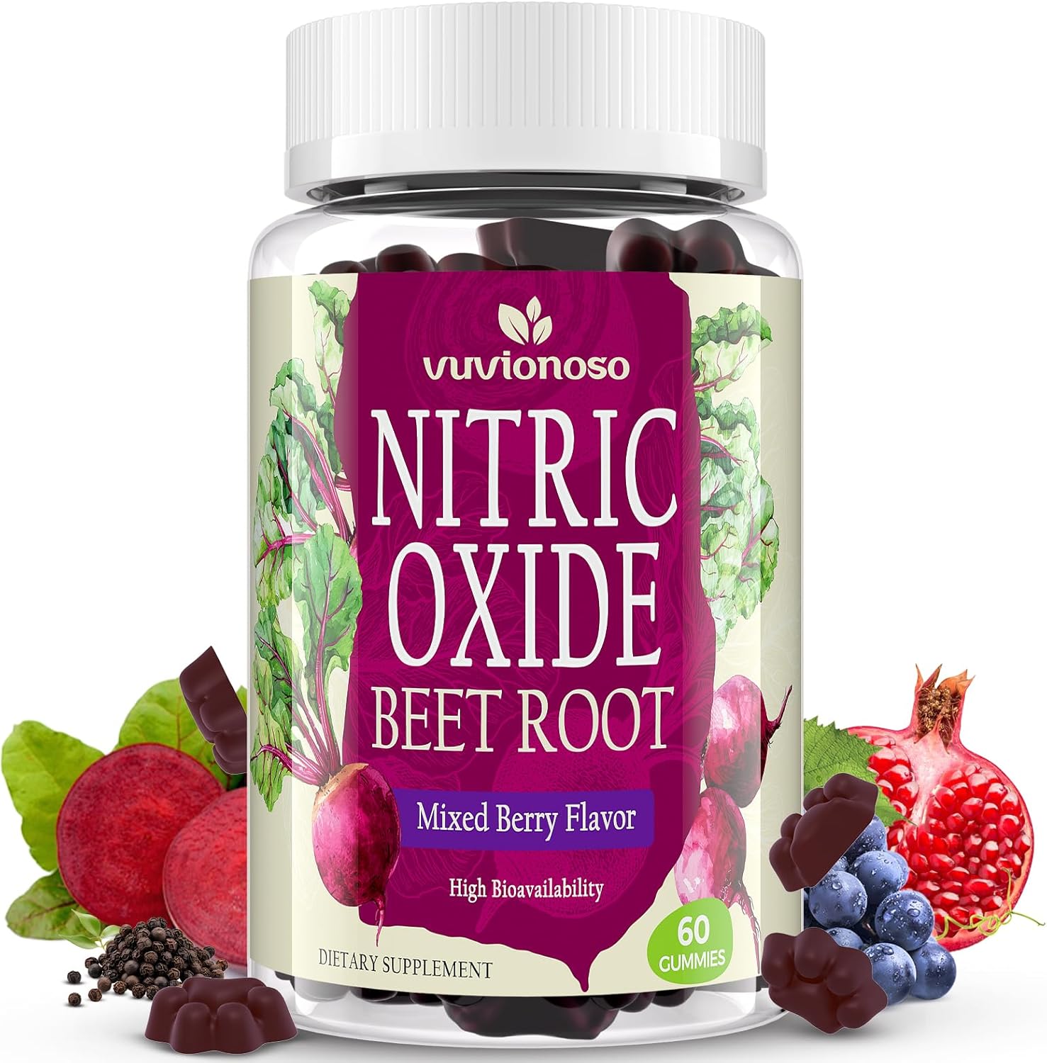 Nitric Oxide Beet Root Gummies – Nitric Oxide Booster with Organic Beet Root, Grapeseed, Pomegranate, Vitamin C & B12 – Sugar-Free Beet Chewables Mixed Berry Flavor – 60 Gummies