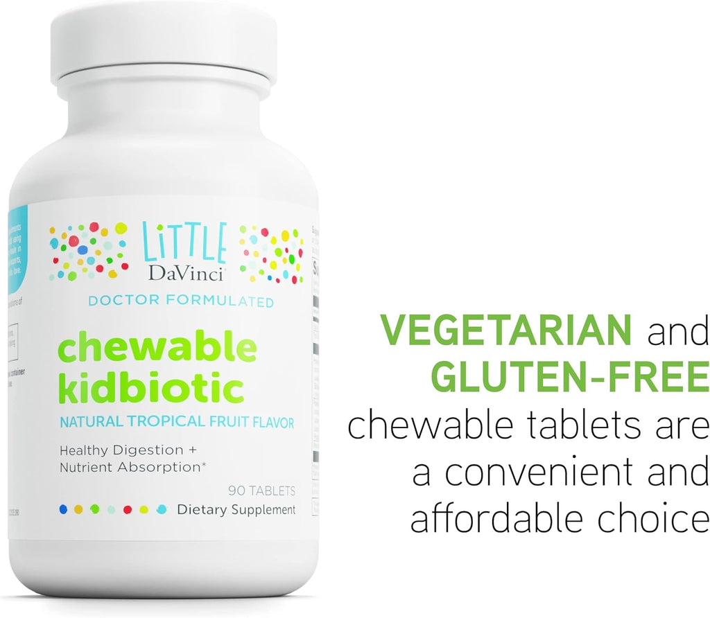 DAVINCI Labs Chewable Kidbiotic - Kids Probiotics to Support Digestion, a Healthy Gut, Brain Health and Immunity - with Probiotics, Amylase, and More - Tropical Fruit Flavor - 90 Chewable Tablets