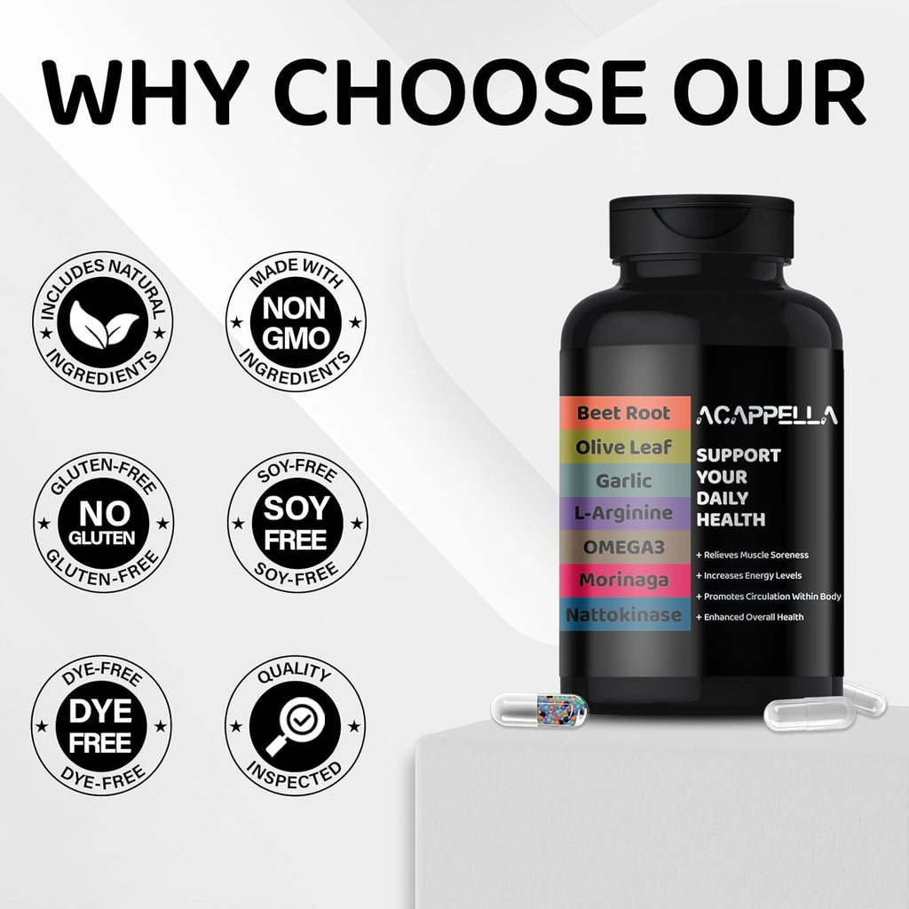 ACAPPELLA Omega 3 Moringa Capsules Beet Root Powder Capsule Nattokinase L arginine Garlic Supplements and Hydroxyt yrosol Olive Leaf Extract Organic
