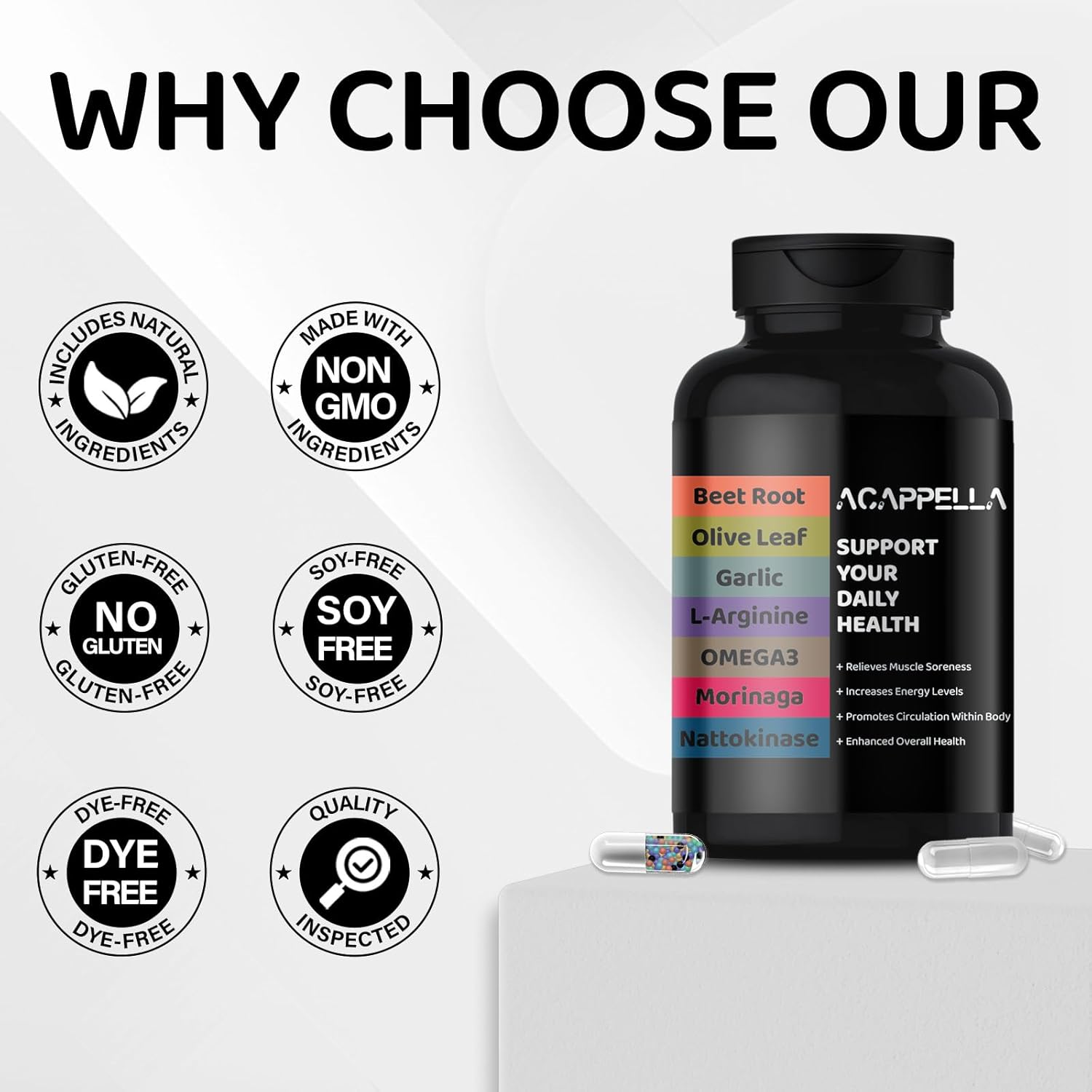 ACAPPELLA Omega 3 Moringa Capsules Beet Root Powder Capsule Nattokinase L arginine Garlic Supplements and Hydroxyt yrosol Olive Leaf Extract Organic
