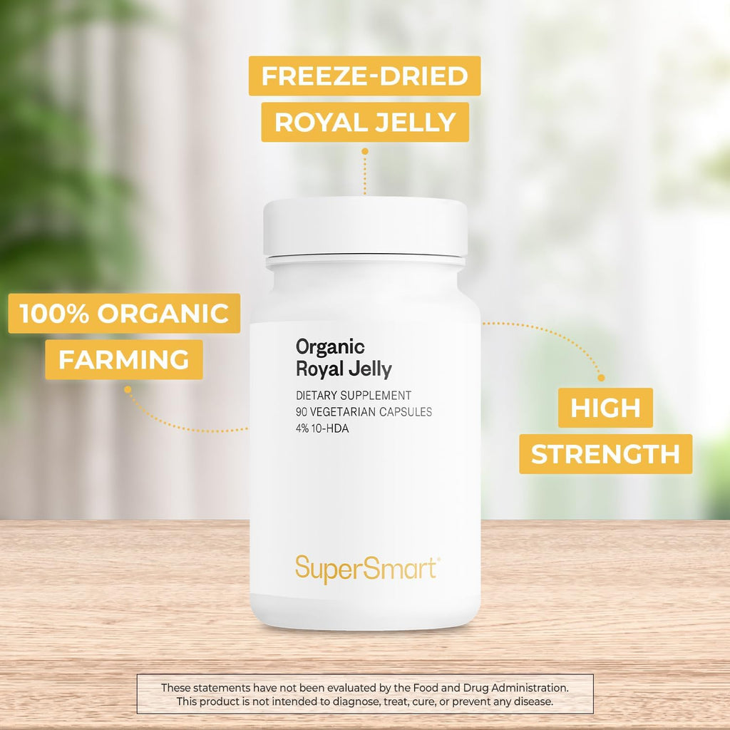 Supersmart - Organic Royal Jelly 300mg per Day (High Strength 4% 10-HDA) - Freeze-Dried Fresh Royal Jelly Supplement | Non-GMO & Gluten Free - 90 Vegetarian Capsules