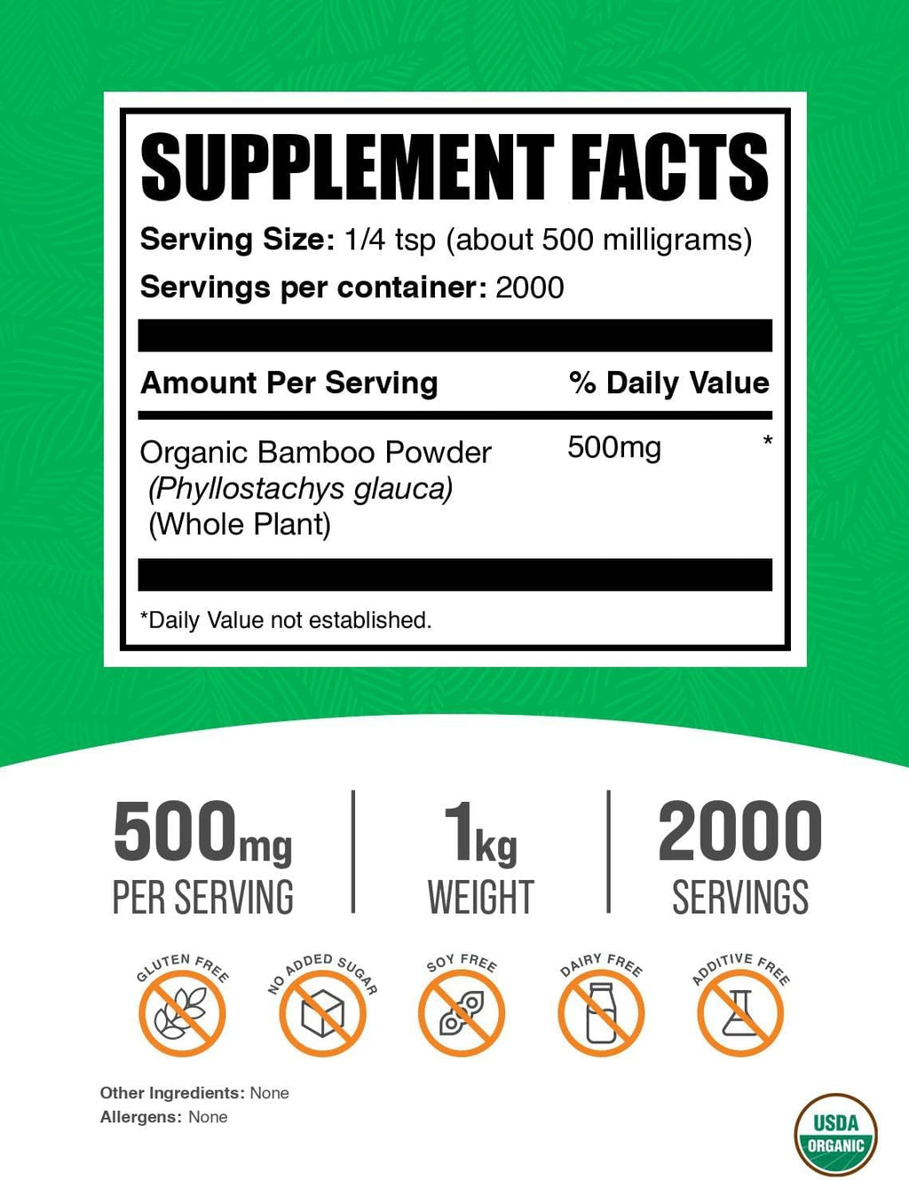 BulkSupplements.com Organic Bamboo Powder - Bamboo Powder Organic - Silica Supplement, Gluten Free - 500mg per Serving, 1kg (2.2 lbs) (Pack of 1)