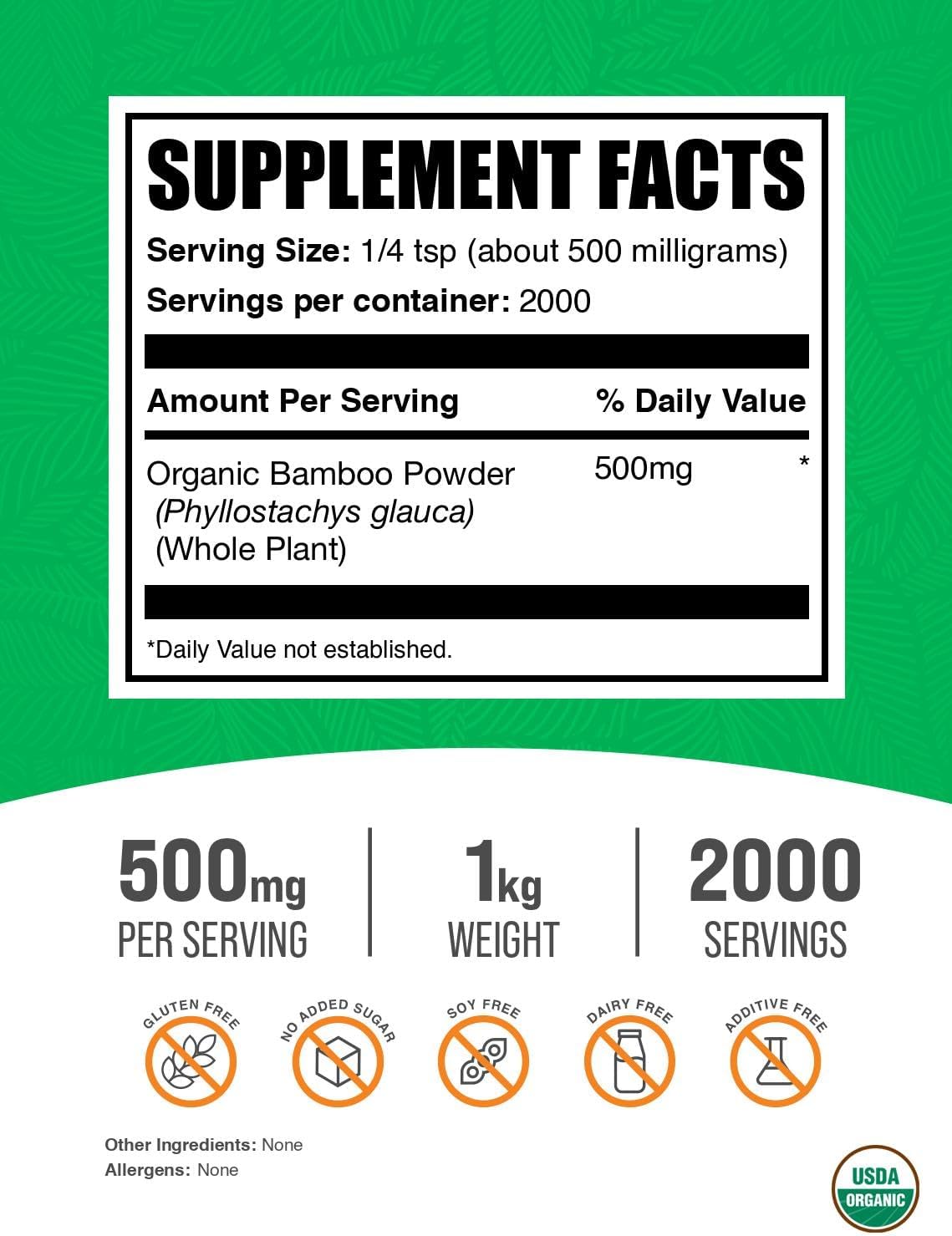 BulkSupplements.com Organic Bamboo Powder - Bamboo Powder Organic - Silica Supplement, Gluten Free - 500mg per Serving, 1kg (2.2 lbs) (Pack of 1)