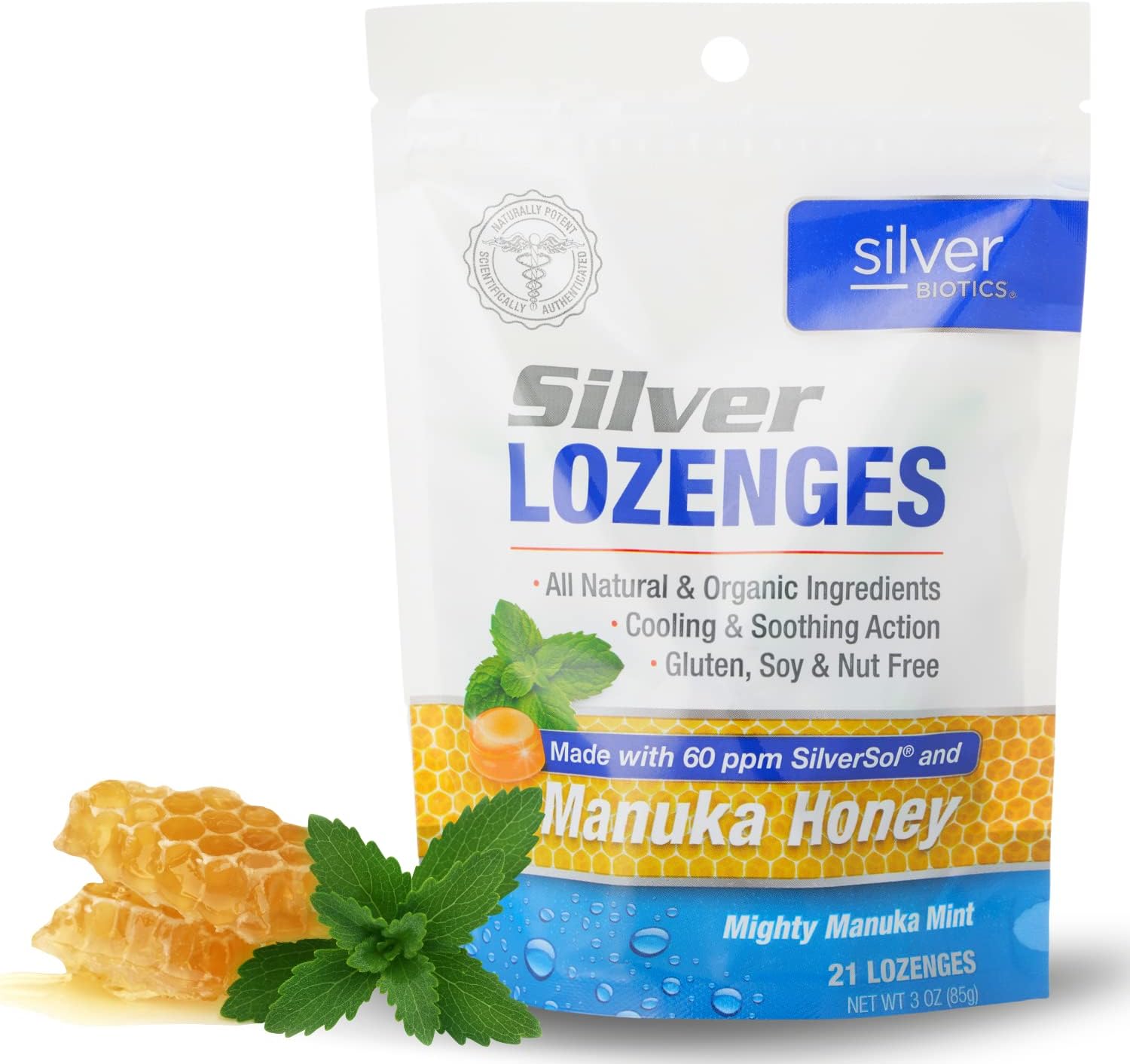Silver Biotics Colloidal SIlver Lozenges | 60 PPM Ag₄O₄ SilverSol | Immune Support + Throat Soothing Lozenges | Manuka Honey | 21 Count