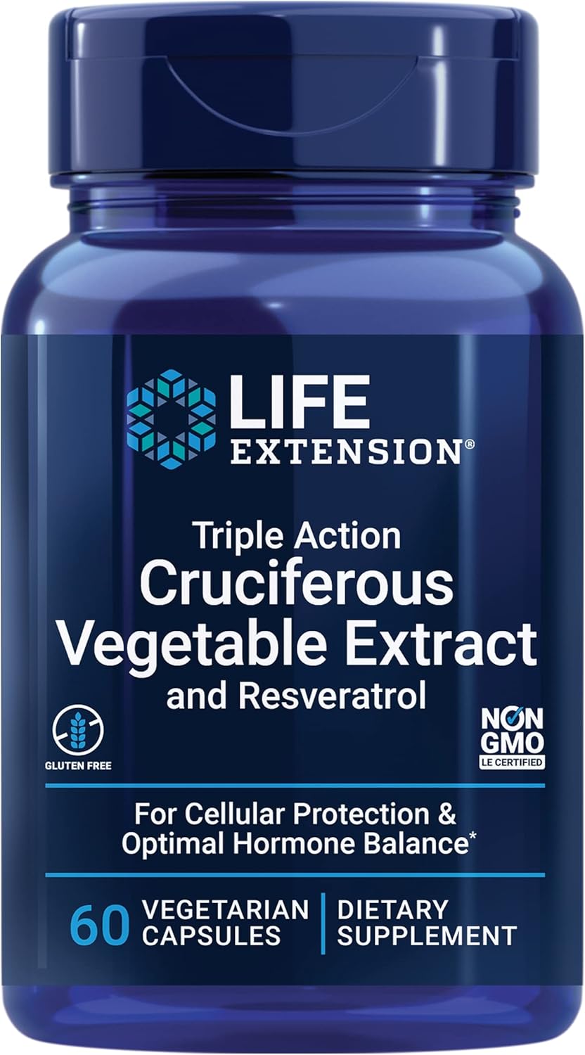 Life Extension Triple Action Cruciferous Vegetable Extract & Resveratrol, Broccoli, Cabbage, resveratrol, Supports Cellular Protection, Gluten-Free, Non-GMO, Vegetarian, 60 Capsules