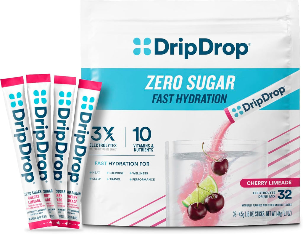 DripDrop Sugar Free Hydration Packets - Zero Cherry Limeade - Single Serve Electrolytes Powder Drink Mix - Non-GMO, Gluten Free, Vegan - 32 Sticks