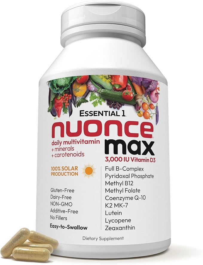 ANDREW LESSMAN Essential-1 nuonce max Multivitamin 3000 IU Vitamin D3 30 Small Capsules. 100 mcg Methyl B12. CoQ10 Lutein Lycopene Zeaxanthin. High Potency. No Additives. Ultra-Mild One Daily Capsule