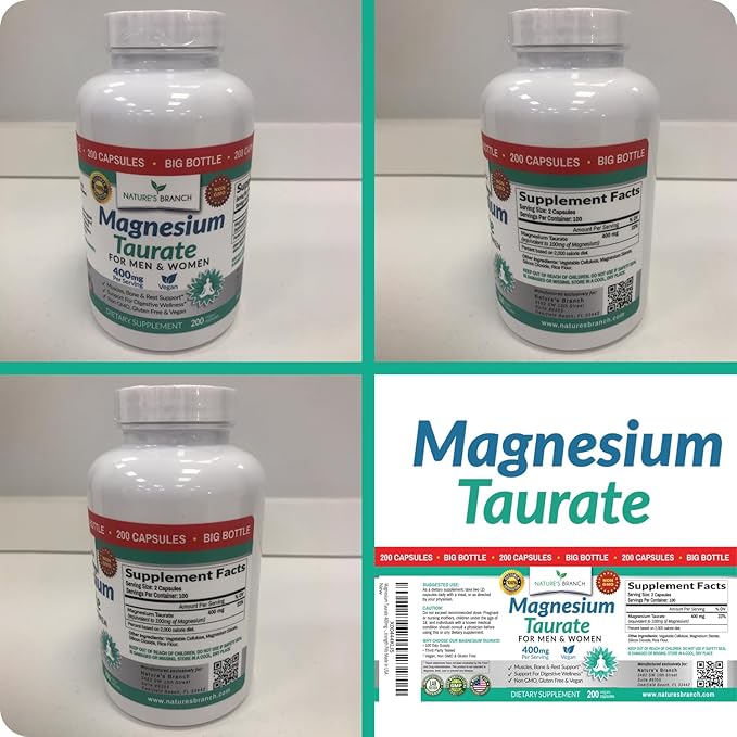 Magnesium Taurate 400mg | High Absorption | 200 Capsules for Sleep, Heart Health, Calm, Joint Supplement for Women and Men - Made in USA, Pure Elemental Mag Powder Plus Taurine - Extra Strength Pills