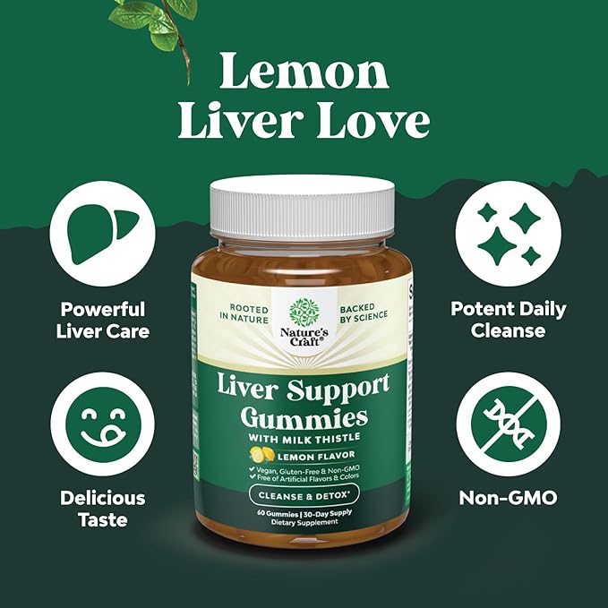 Cleansing Herbal Liver Detox Gummies Support Milk Thistle with Artichoke Extract Turmeric Curcumin and L-Carnitine - Vegan Non-GMO Sweet Lemon (30 Servings)