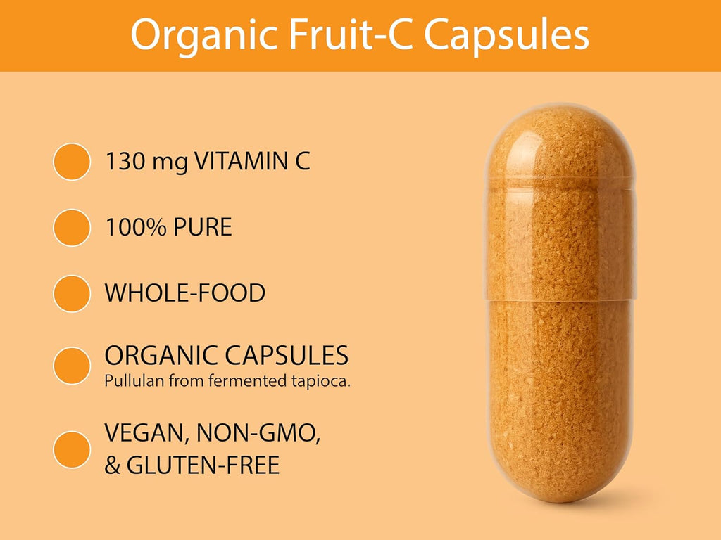 KOYAH Fruit-C - Organic Vitamin C Capsules - from Acerola Cherries, 100% Whole Fruits, 130 mg Vitamin C, Freeze-Dried, No Extracts - Whole-Food, Vegan, Non-GMO, 3rd Party Tested, 60 Capsules