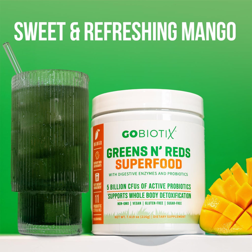 GOBIOTIX Super Greens and Reds Powder - Red and Green Superfood - Probiotic Supplement - Digestive Enzymes and Beet Root Powder - Organic Whole Foods Dietary Supplement (Mango, 1 Pack)