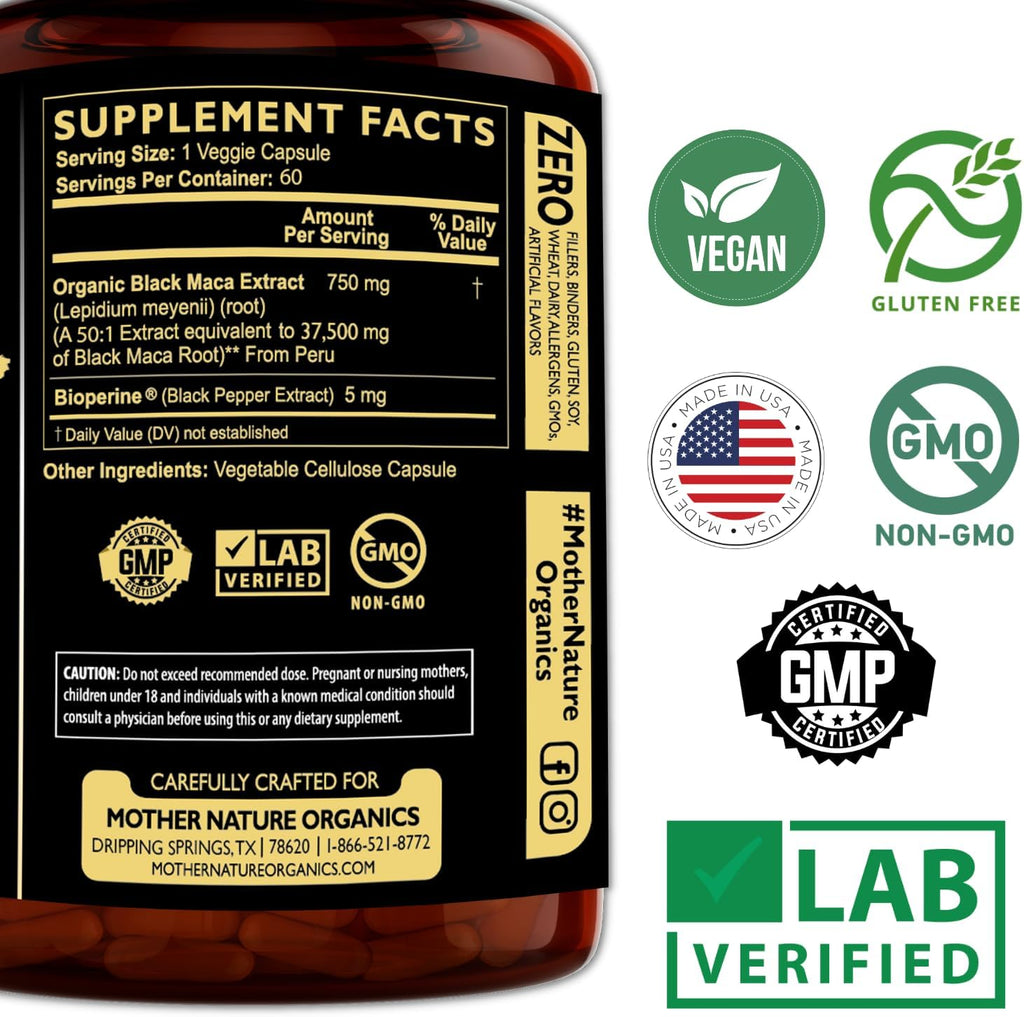 Mother Nature 37,500mg 50x Strength Organic High-Potency Peruvian Black Maca Root Capsules for Men 100% Pure Maca Peruana 50:1 Extract to Boost Stamina, Enegy, Muscle Gain - 60ct