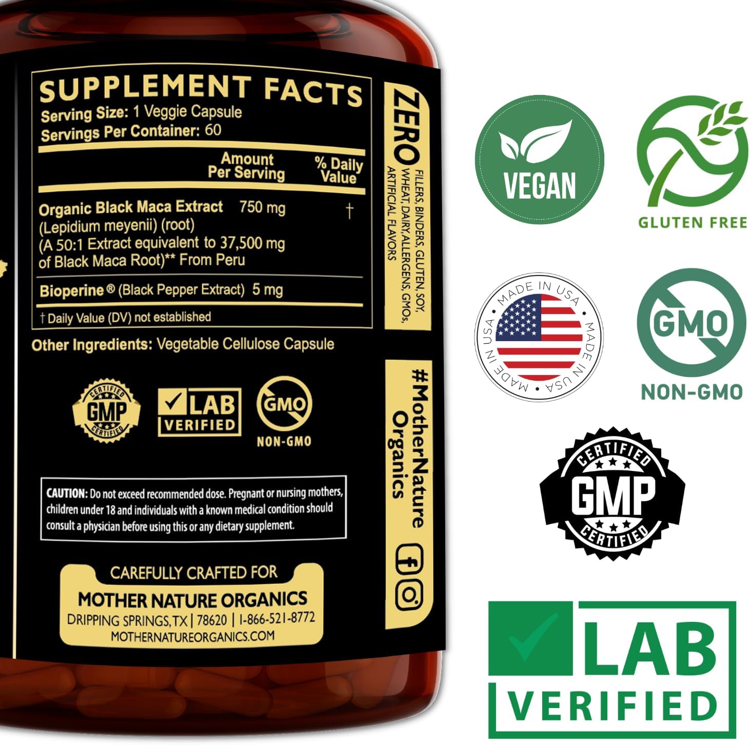 Mother Nature 37,500mg 50x Strength Organic High-Potency Peruvian Black Maca Root Capsules for Men 100% Pure Maca Peruana 50:1 Extract to Boost Stamina, Enegy, Muscle Gain - 60ct