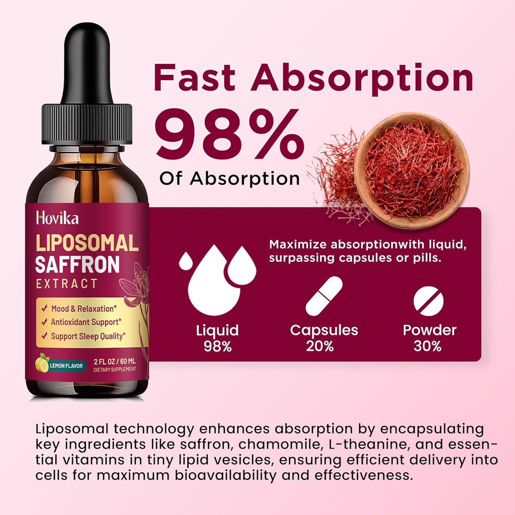 Liposomal Saffron Supplements - 88.5mg Saffron Extract Liquid Drops with L-Theanine, Chamomile, Vitamin C, B6, B12 & D3 for Antioxidant, Immune, Mood, Energy, Focus & Sleep - 2 Fl Oz Lemon Flavor